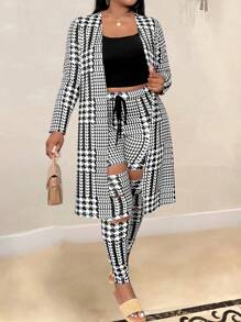 SHEIN LUNE Conjunto de tres piezas de talla grande con estampado de espiga y detalles desgastados