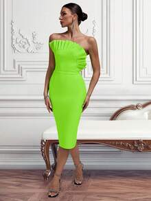 Green Strapless Dress With Slit And Ruffles - Green - View 6