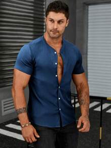 Manfinity Homme Men\ Summer Solid Color Short-Sleeved Casual Shirt - Navy Blue - View 1