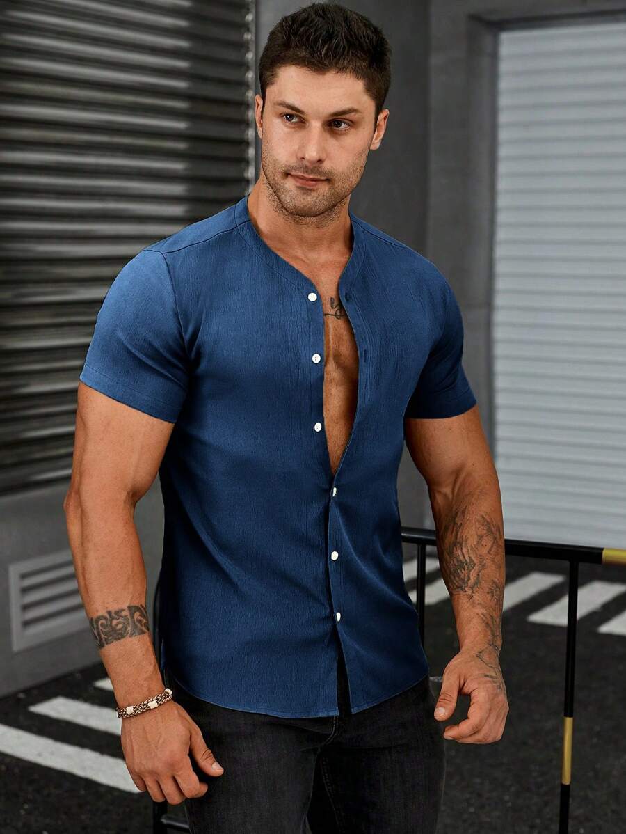 Manfinity Homme Men\ Summer Solid Color Short-Sleeved Casual Shirt - Navy Blue - View 1