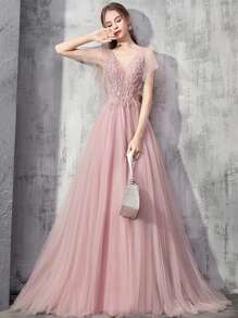 Nuevo vestido de noche elegante de color rosa dulce con escote en V, apliques de encaje, largo, para baile de graduación, cena, fiesta formal y vestido de invitado de boda