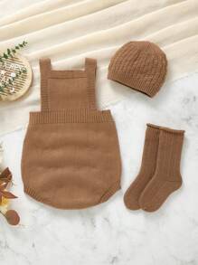 SHEIN Vintaside Kids Baby Boy Spring Rib Knit Comfortable Sweater Jumpsuit - Coffee Brown - View 2