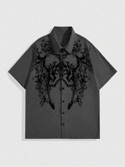 Goth Camisa de mangas cortas con estampado de calaveras y cadenas para hombres, casual de verano