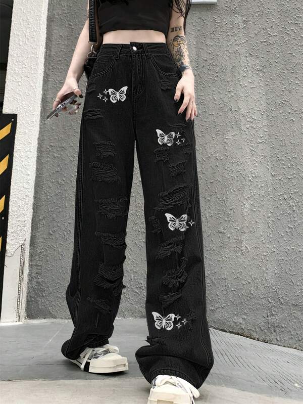Women's Fashionable European And American Style Distressed Butterfly Printed Black Straight Leg Pants