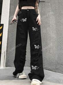 Women's Fashionable European And American Style Distressed Butterfly Printed Black Straight Leg Pants