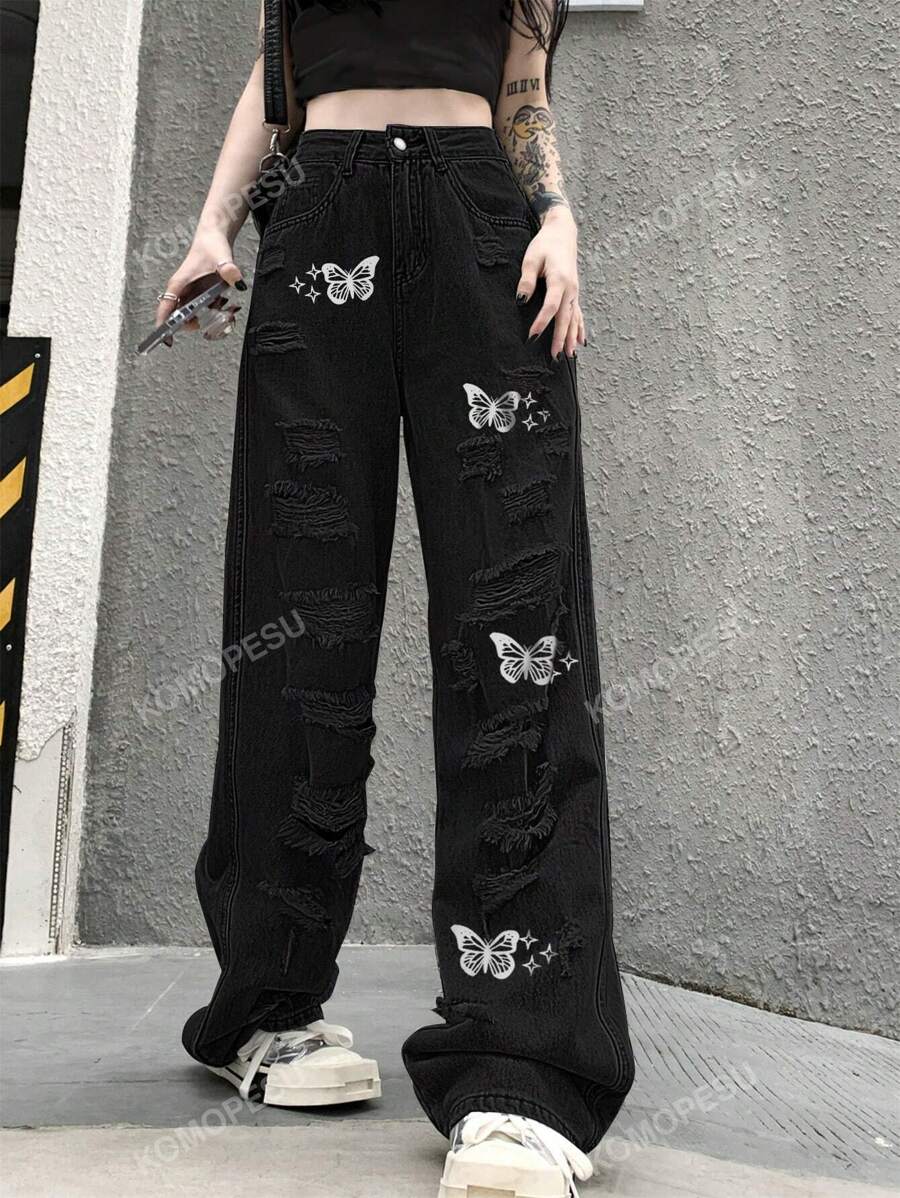 Women's Fashionable European And American Style Distressed Butterfly Printed Black Straight Leg Pants