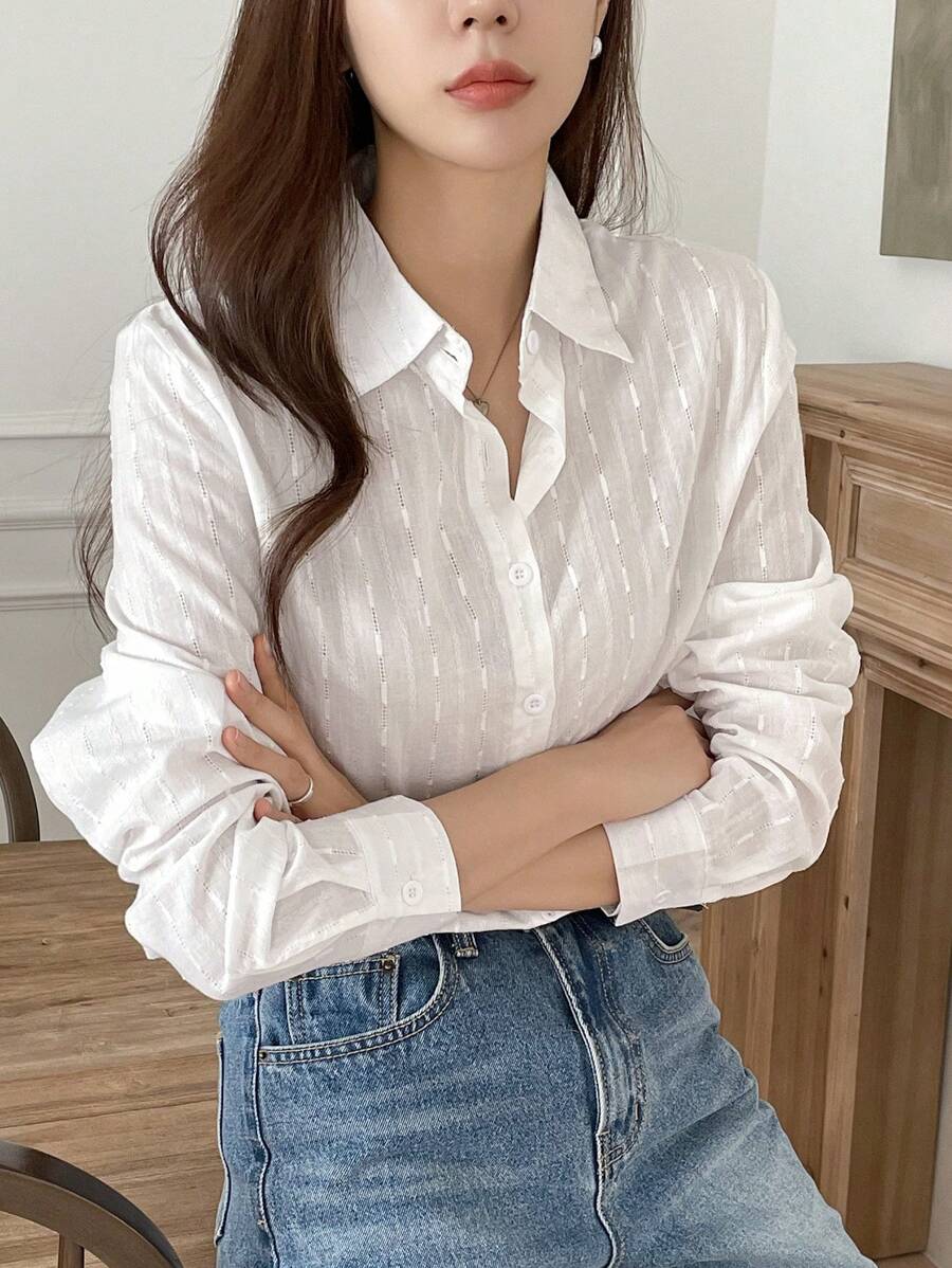 DAZY Áo kiểu công sở đơn giản màu trơn họa tiết dài tay rộng rãi cổ bẻ cho nữ, áo dài tay mùa hè - trắng - Xem 1