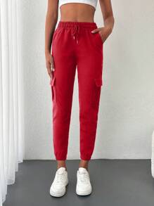 EURMUSE Drawstring Waist Sweatpants With Flap Pockets - Red - View 3