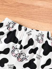 SHEIN Leap Crew Young Girl Cute Cow Pattern Shirt Collar Knitted Flame Retardant Summer Home Two-Piece Set - Black and White - View 4