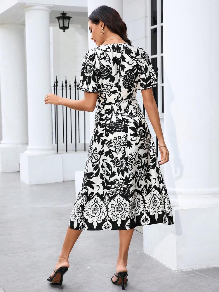 Women Summer Casual Plant Print Lotus Leaf Sleeve Open Split Mid-Length Dress