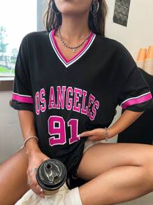 SHEIN Unity Loose-Fit V-Neck Drop-Shoulder T-Shirt With Los Angeles Printed English And Numbers Graphic Tees Women Tops - Black - View 4