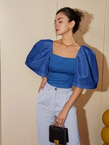现代菲律宾女式休闲纯色泡泡袖方领衬衫，夏季女士短款上衣商务休闲装 - 霧霾藍 - 查看 4
