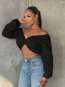 SHEIN SXY Women Solid Color Twist Knot Casual Spring/Summer Top - Black - View 7