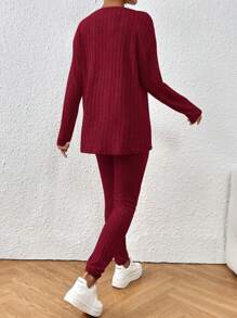 SHEIN Frenchy Women's Solid Color Round Neck Drop Shoulder Long Sleeve Ribbed T-Shirt And Pants Casual 2-Piece Set Winter Christmas New Year Red Spring Valentine's Day - Burgundy - View 2