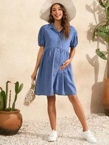 SHEIN Vestido informal de mezclilla con manga abombada y un solo botón para mujeres embarazadas