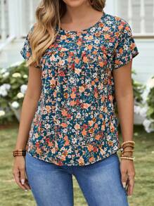 EMERY ROSE Women's Floral Print Round Neck Short Sleeve Casual Blouse