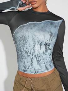 Hauture Colorblock Print Thumb Hole Round Neck Fashion Tee - Dark Grey - View 3