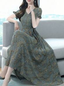 Summer Women's Casual Leaf Print V-Neck Short Sleeved Waist Dress - Multicolor - View 1