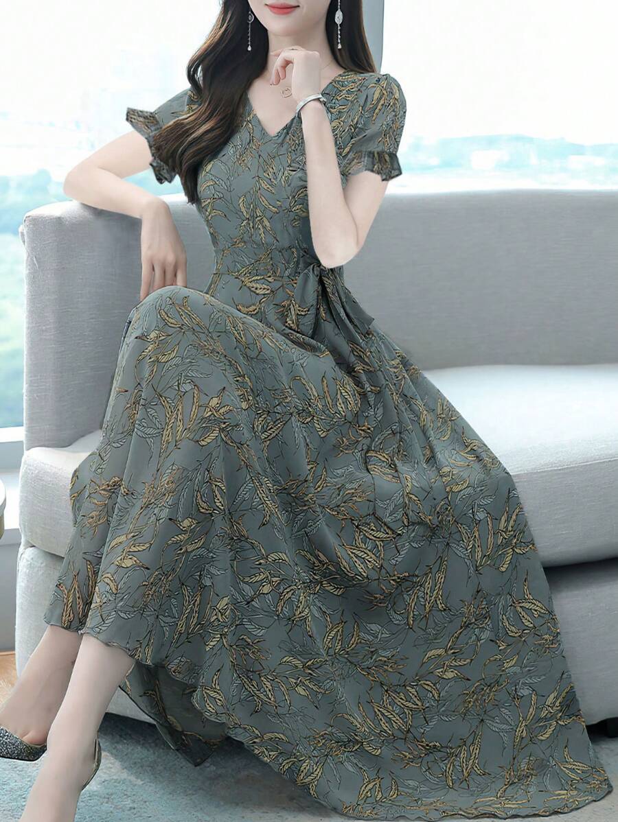 Summer Women's Casual Leaf Print V-Neck Short Sleeved Waist Dress - Multicolor - View 1