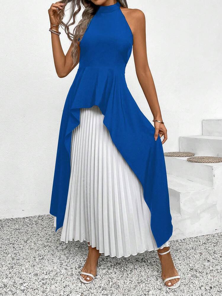 Summer Casual Asymmetric Hem Back Tie Halter Top And Pleated Skirt Set