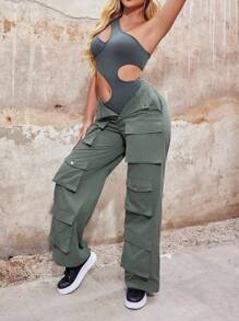 SHEIN SXY Loose-Fitting Cargo Trouser With 3D Pockets Sexy Cargo Summer Women Outfit  Clothes Western Wear Birthday Outfit Bachelorette Party Concert Outfits Club - Army Green - View 5