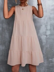 Solid Color Sleeveless Spring/Summer Dress With Ruffle Hem, Suitable For Valentine's Day - Pink - View 5