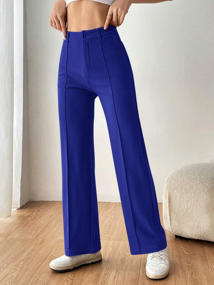 SHEIN EZwear 女式纯色牙签直筒西装裤 - 藍色 - 查看 1
