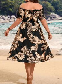 SHEIN Clasi 大码露肩树叶印花夏季波西米亚风连体裤，适合度假装 - 黑色 - 查看 2