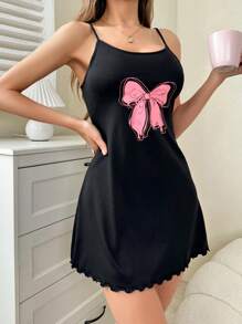 粉色蝴蝶结印花女士吊带睡衣睡裙 - 黑色 - 查看 4
