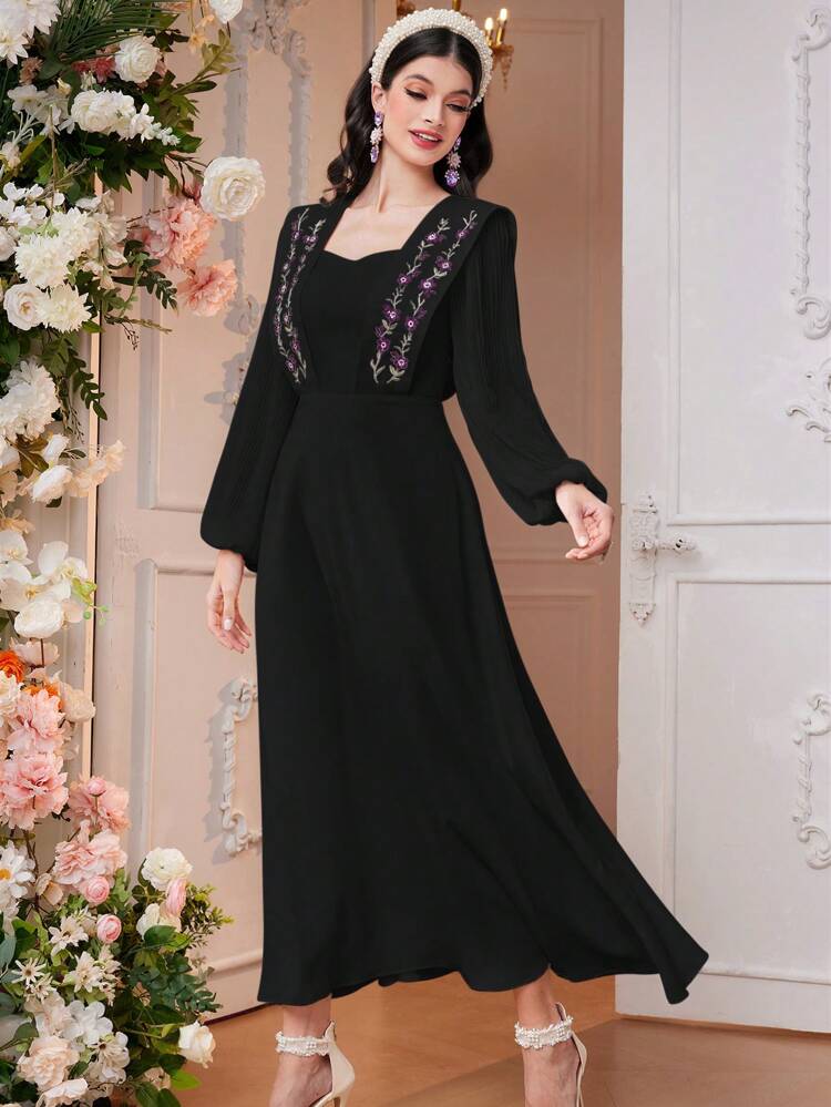 Women's Elegant Arabian Style Dress With Patchwork Botanical Embroidery And Lantern Sleeves