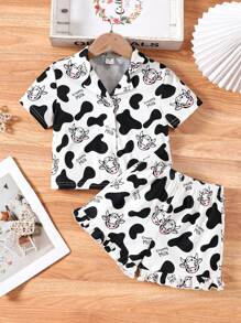 SHEIN Leap Crew Young Girl Cute Cow Pattern Shirt Collar Knitted Flame Retardant Summer Home Two-Piece Set - Black and White - View 1