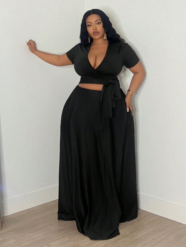 Slaydiva Elegantes Basic in Große Größen - Stretch-Strick Einfarbig Schwarz Top mit Gürtel & A-Linie Rock Zwei-Teiler Set - Größe L - C, Urlaubsoutfit