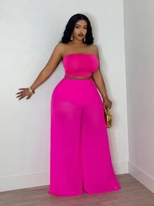 Slaydiva 假期休閒彈力針織網紗修身玫瑰紅色透視管身上衣和寬腿褲加大號女士兩件套組合