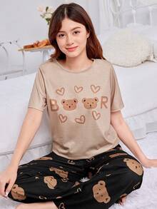 SHEIN Conjunto de pijama casual ignífugo con patrón de oso lindo de manga corta y pantalones largos para niña adolescente - Caqui - Ver 6