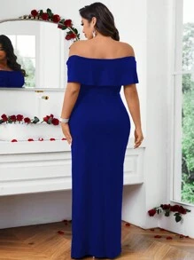 Cravure Đầm suông trễ vai màu trơn cỡ lớn cho nữ, váy cưới thanh lịch, xẻ tà - Xanh đậm - Xem 2