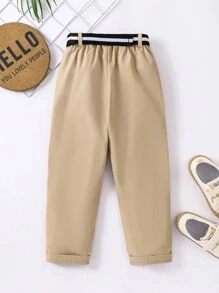 SHEIN Pantalones casuales de unicolor para niños jóvenes con decoración de cinturón - Caqui - Ver 2