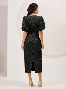 SHEIN Elladie kids 女士灯笼袖纯色简约优雅连衣裙长款女士服装长款晚礼服 - 黑色 - 查看 3