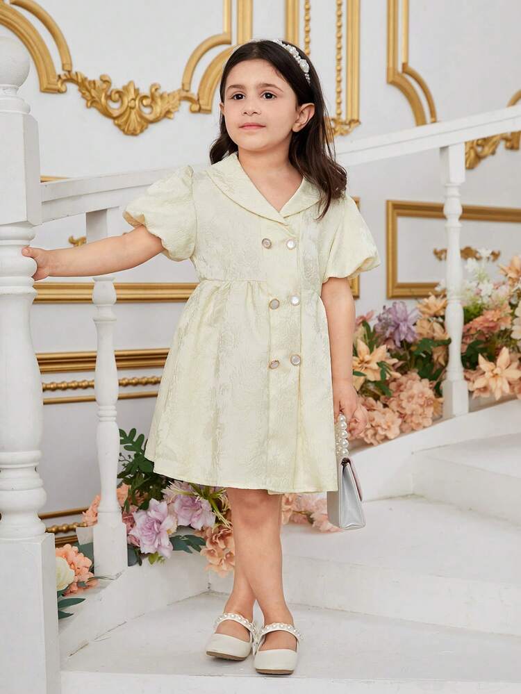 Young Girls' Solid Color Puff Sleeves Double-Breasted Dress