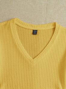 SHEIN EZwear 女士夏季針織V領純色格子短袖T卹 - 黃色 - 查看 5