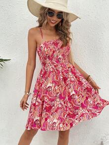 SHEIN Frenchy 背心裙，全印花，打褶腰身，細肩帶 - 粉色 - 查看 5