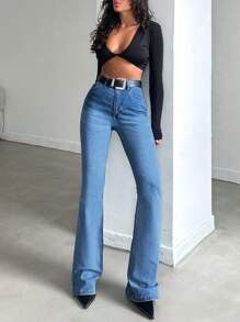 SHEIN Cottnline Women's Cat Whisker Flared Jeans With Slanted Pockets - Blue - View 3