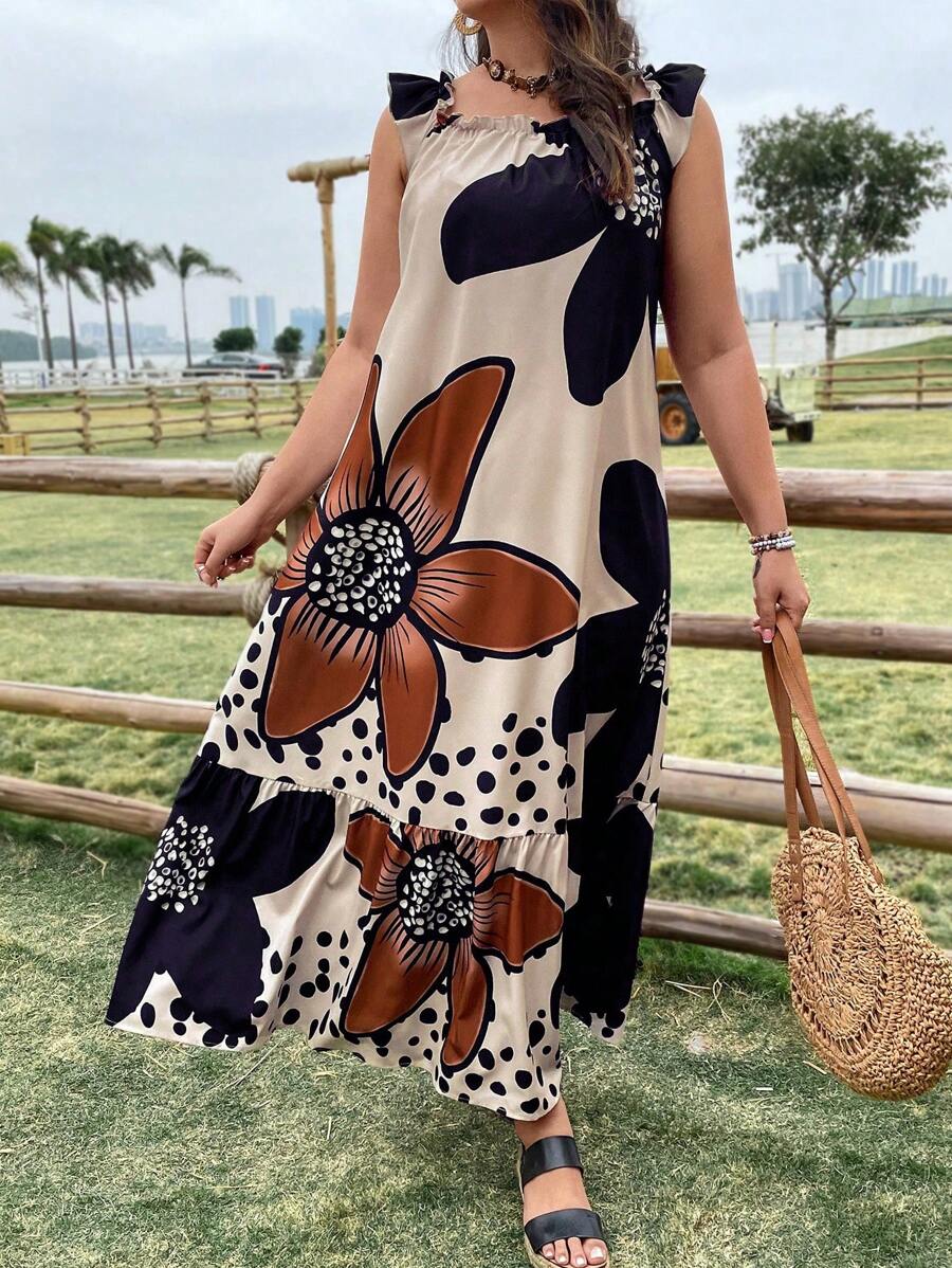 SHEIN LUNE Hơn In hoa Off Shoulder Viền Ruffle Đầm - Nhiều màu - Xem 1