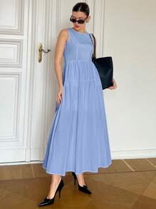 SHEIN Essnce Damen Sommer Schicht Ärmellos A-Linie Plissee Rundhals Flare Midi Kleid mit Taillenlinie