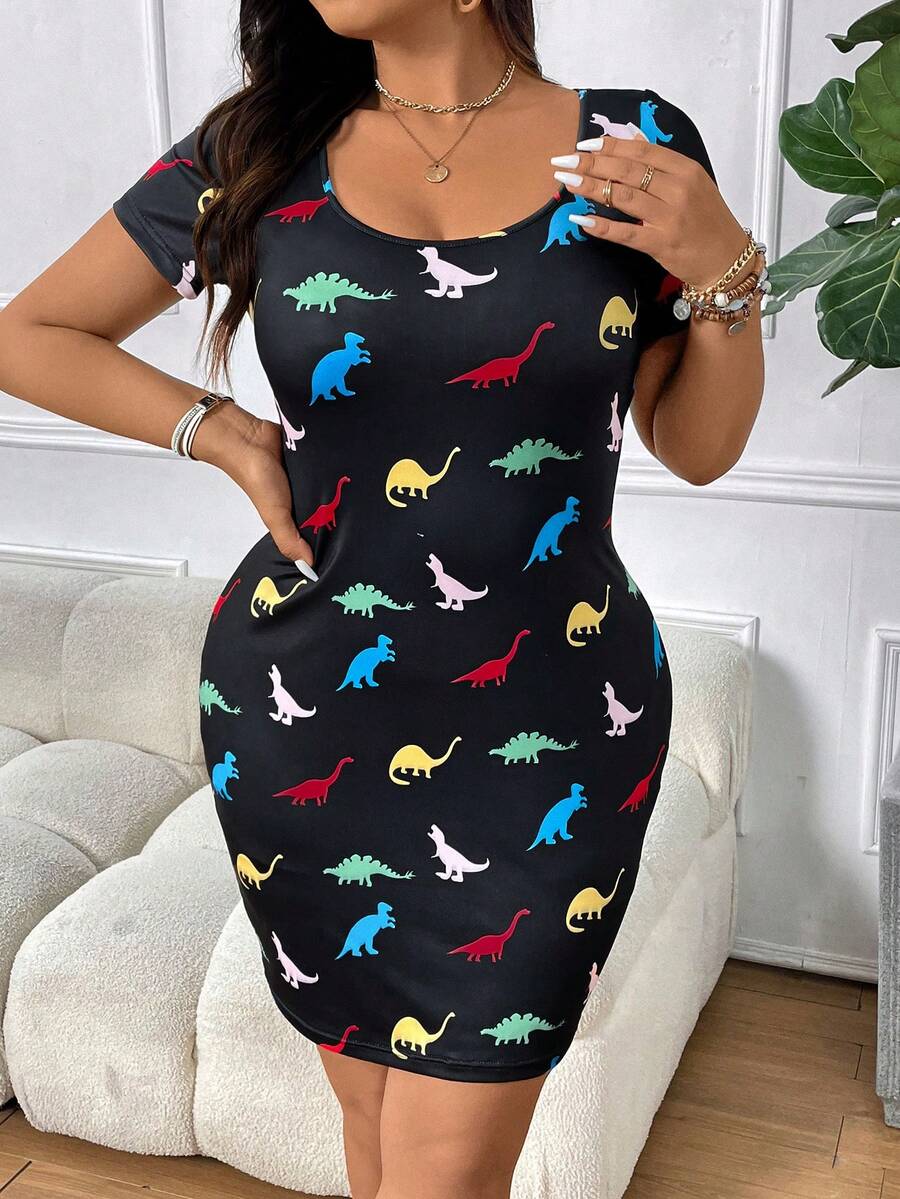 Flirla 夏季加大尺碼休閒恐龍印花短袖連衣裙 - 彩色 - 查看 1