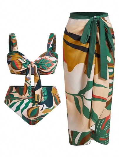 Swim Oasis Bademoden Set für den Sommer mit Pflanzendruck und Bindeschleifen BH, Bikini Unterseite und Cover Up Rock für große Größen