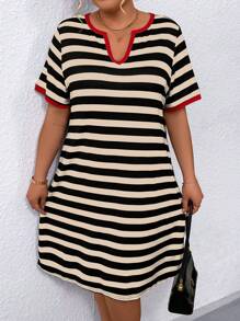 Plus Size Casual Short Sleeve Striped Contrast Color Edging V-Neck Dress For Summer - Multicolor - View 4