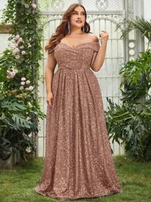 Faeriesty Plus Off Shoulder Sequin Formal Dress Elegant Prom Evening Wedding Guest Gown, For Graduation, Dinner Party Dress