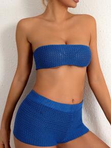 SHEIN Swim Fashionable Solid Color Women Strapless Short Cover-Up Summer - Blue - View 4
