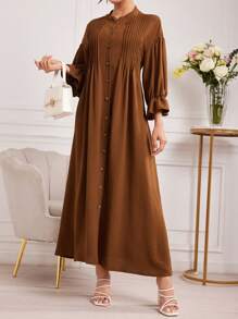 Mulvari 女士纯色宽松休闲连衣裙，带褶皱、落肩、灯笼袖和纽扣设计，超长女士服装 - 棕色 - 查看 8