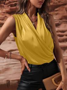SHEIN Clasi Women Solid V-Neck Sleeveless Casual Daily Spring Summer Blouse - Yellow - View 4